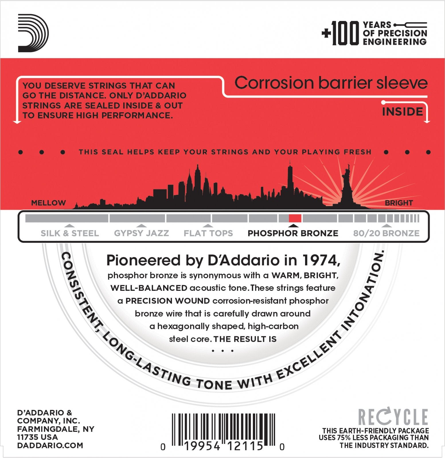A D'Addario EJ17 Phosphor Bronze Acoustic Guitar Strings Medium 13-56 pack includes corrosion barrier sleeve details, recycling info, a barcode, and NYC skyline art on a white and red background for rich acoustic tone.