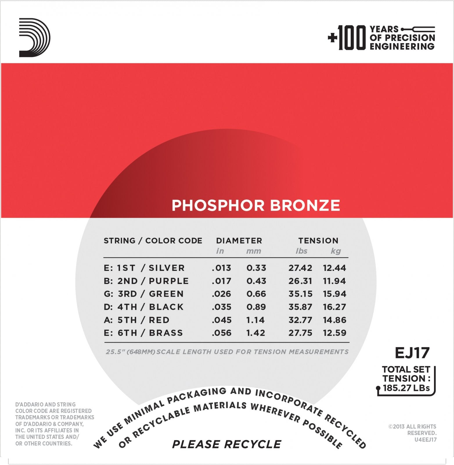 An info chart for D'Addario EJ17 Phosphor Bronze Acoustic Guitar Strings Medium 13-56 displays string color codes, gauges (inches/mm), tensions (lbs/kg), set number, total tension, and D'Addario branding—perfect for rich tone or heavy strumming.