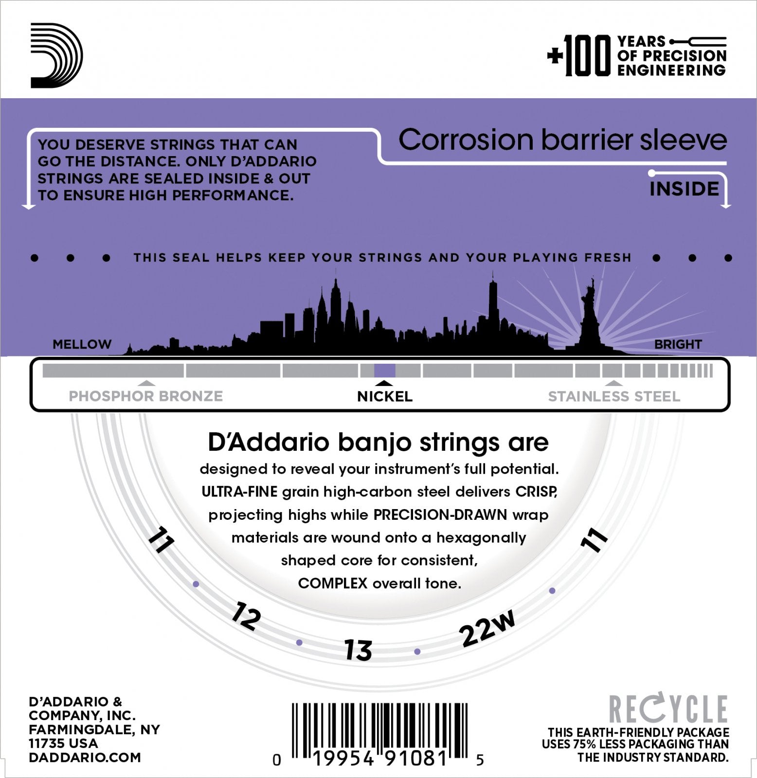 The back of a DAddario EJ57 Banjo Nickel Custom Medium 11-22 pack displays a city skyline, product details, barcode, recycling info, and a chart showing the mellow-to-bright tone range of these nickel-plated steel strings.
