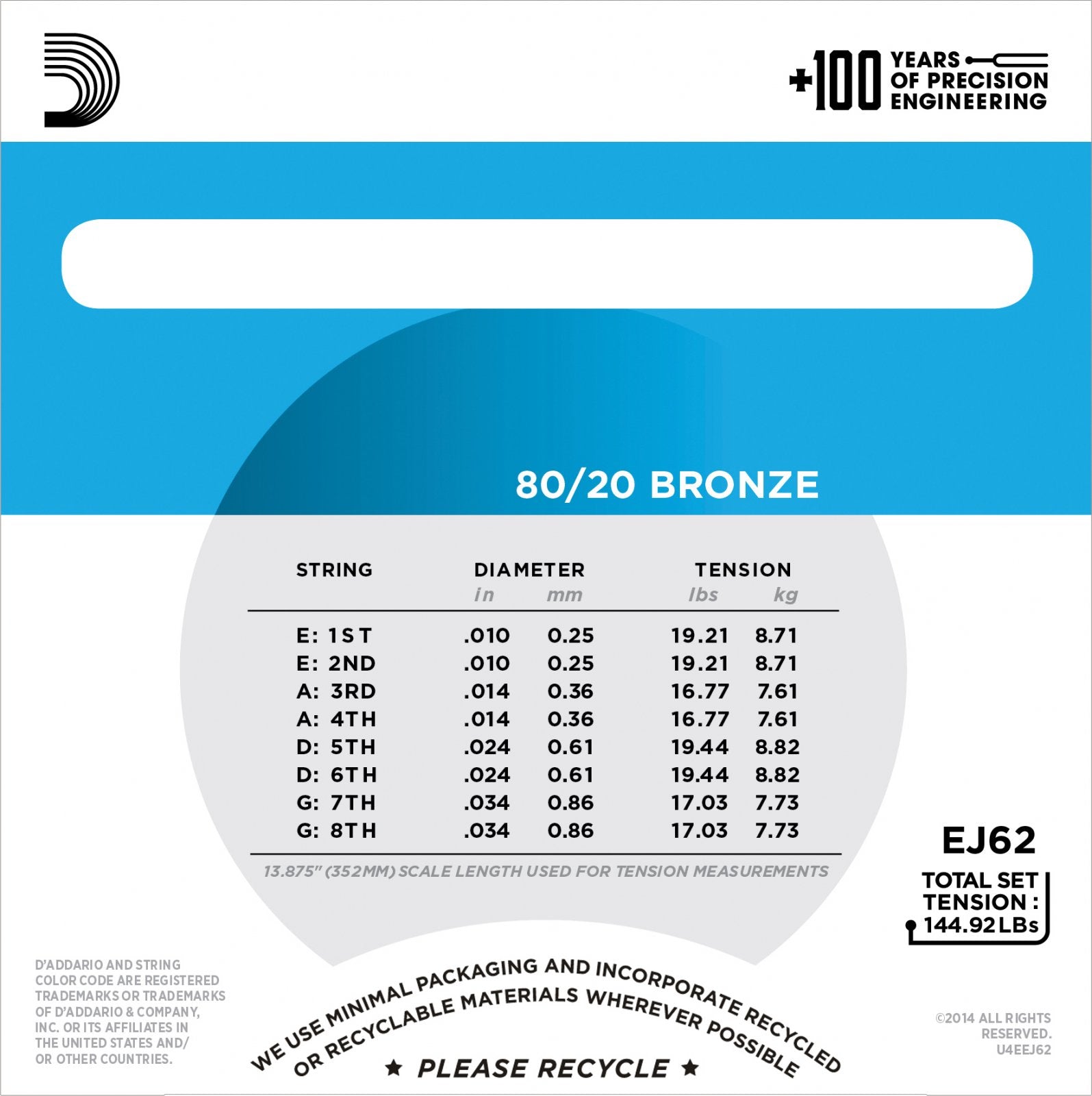 D'Addario EJ62 Bronze 80/20 Mandolin Strings - Light 10-34