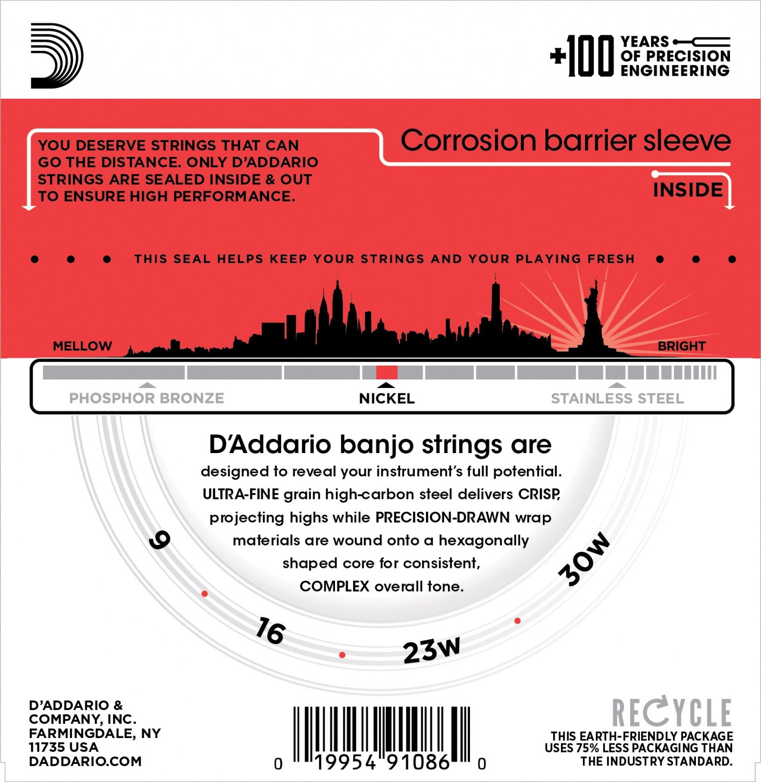 DAddario EJ63 Nickel 4-String Tenor Banjo 9-23 package features a city skyline, C-G-D-A tuning, nickel-plated steel info, string gauges (9-23), recycling tips, a red corrosion barrier sleeve, and highlights quality plus eco-friendly packaging.