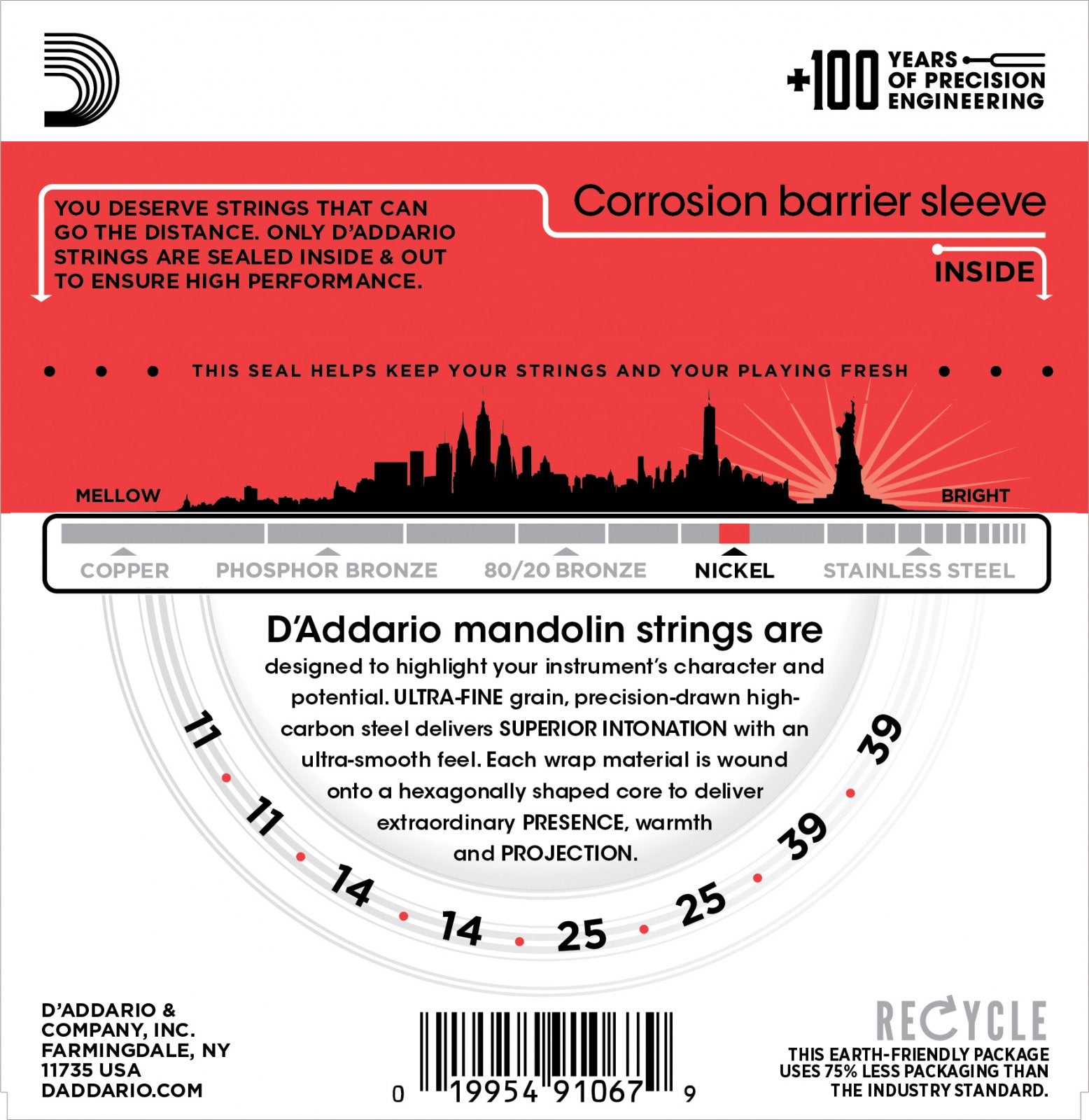 Back of a D'Addario EJ67 Set Mandolin Nickel Medium 11-39 package with product info, string brightness scale, city skyline graphic, recycling instructions, barcode, red accents, and details on quality nickel-plated steel mandolin strings.