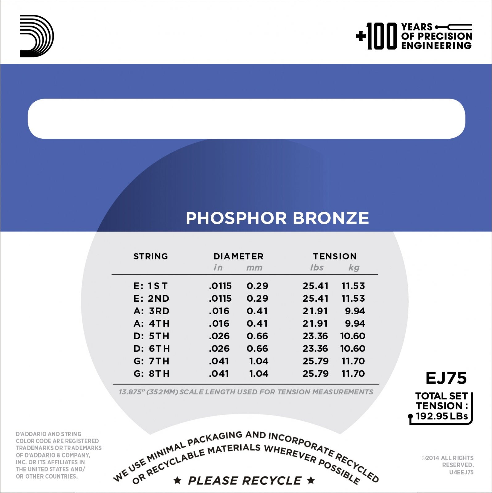 D'Addario EJ75 Mandolin Phosphor Bronze Med/Heavy 11.5-41