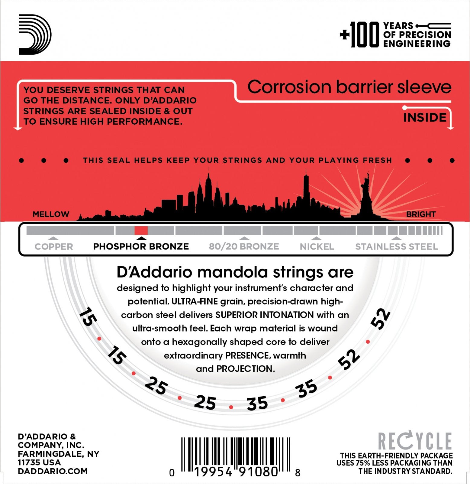 The back of a D'Addario EJ76 Mandola Phosphor Bronze Medium 15-52 package shows product details, a mellow-to-bright tone graph, recycling info, a city skyline graphic, and a barcode.