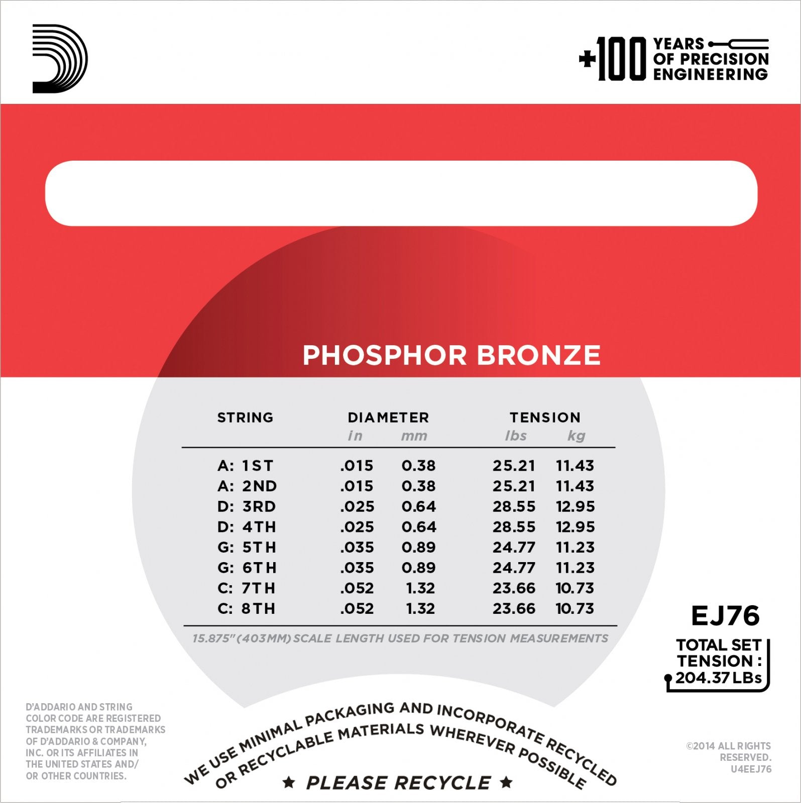 A D'Addario EJ76 Mandola Phosphor Bronze Medium 15-52 pack shows gauges, tensions, recycling info, and branding. The design features a large red D and a chart of string diameters and tensions in both metric and imperial units.