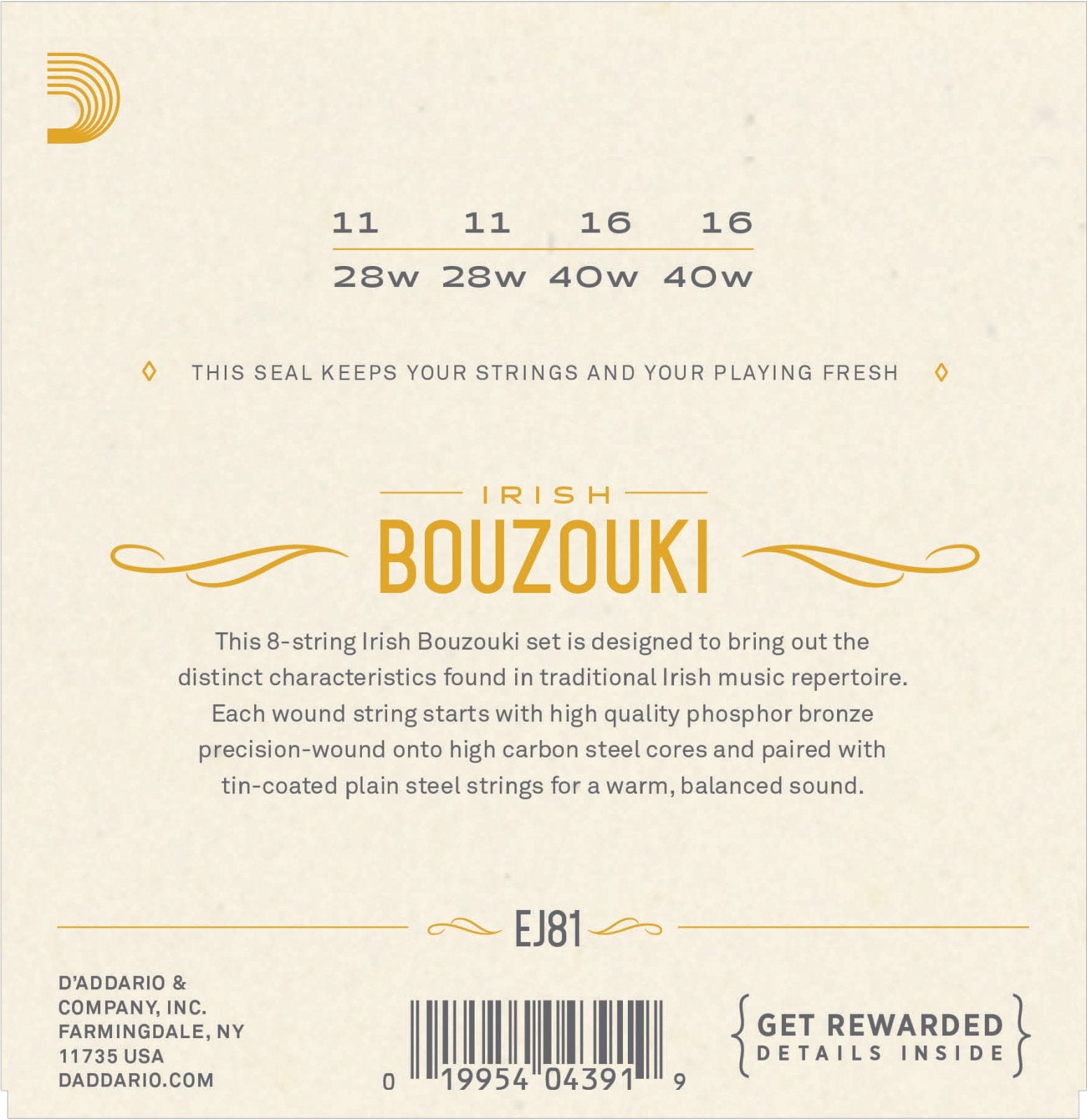 The back of a D'Addario EJ81 Irish Bouzouki Strings pack shows phosphor bronze gauges (11, 11, 16, 16, 28w, 28w, 40w, 40w), product info, barcode, and D’Addario contact details.