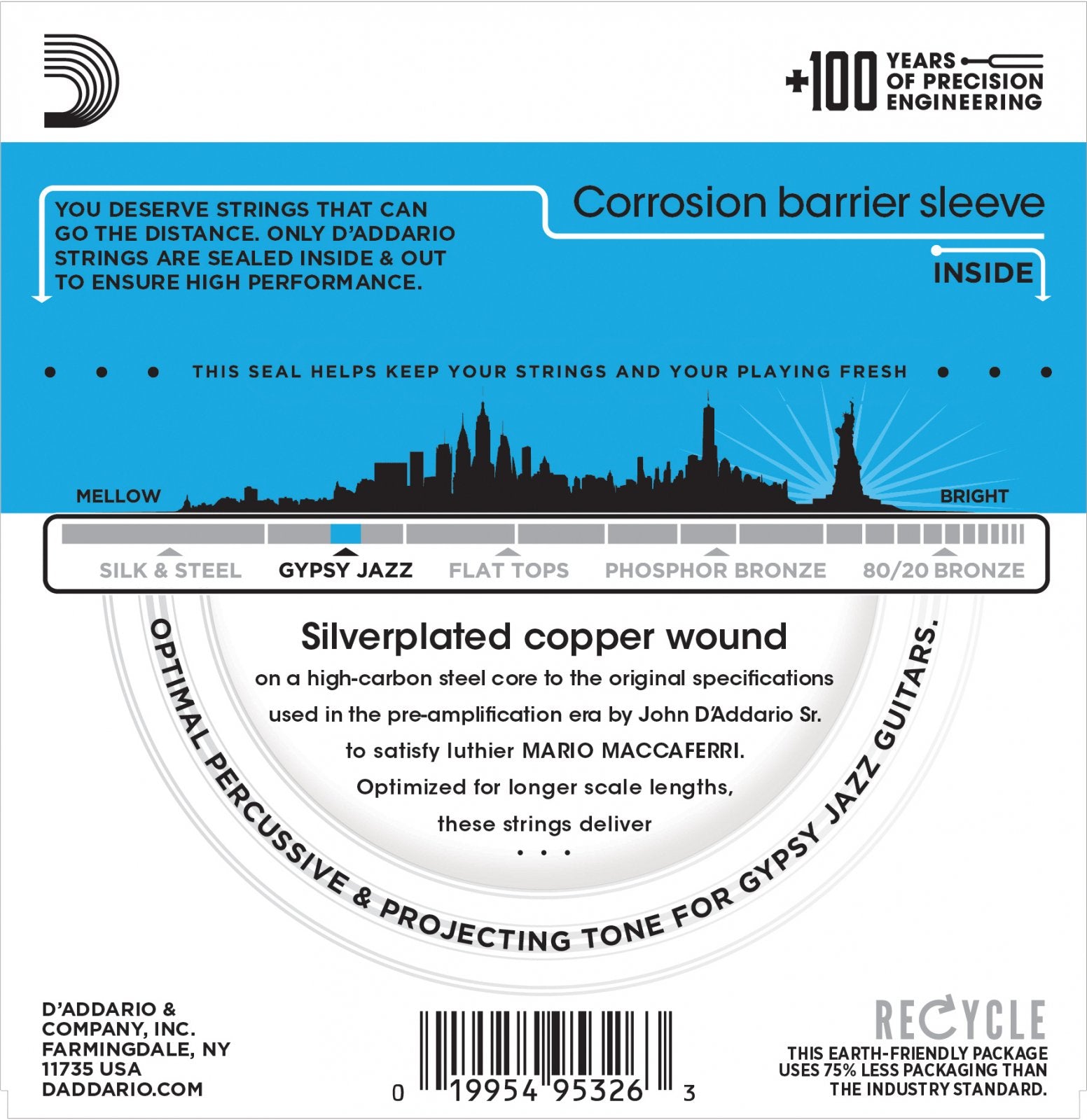 The DAddario EJ83L Gypsy Jazz Ball End Acoustic Guitar Strings Light 10-44 label showcases a city skyline, product details, barcode, recycling info, and text highlighting corrosion protection and silver-plated copper strings.