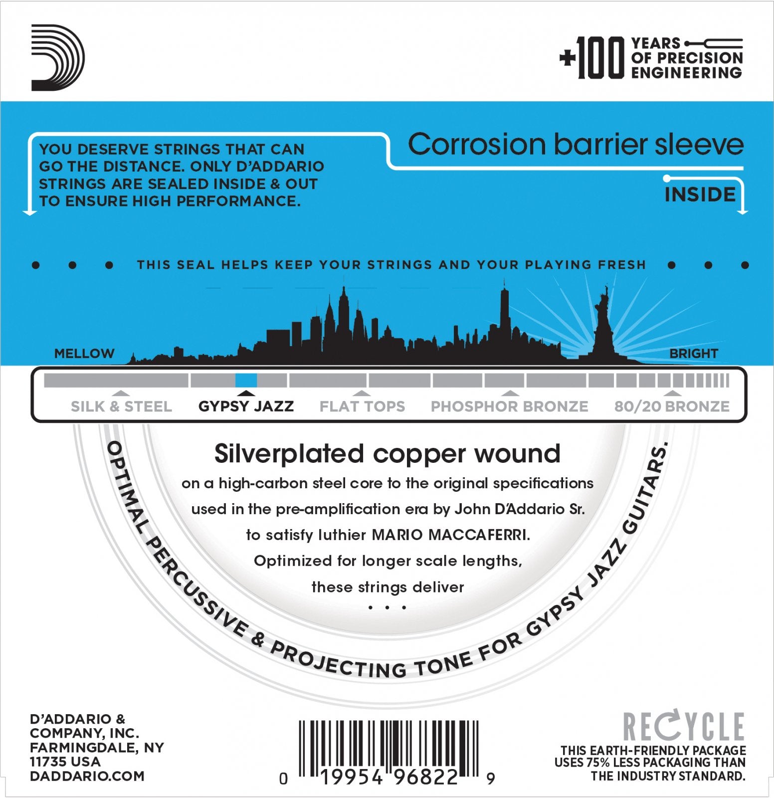 Circular packaging for D'Addario EJ84L Gypsy Jazz Acoustic Guitar Strings Loop End Light features blue and white design, product info, barcode, a skyline silhouette, and details about Django-style string construction and performance.