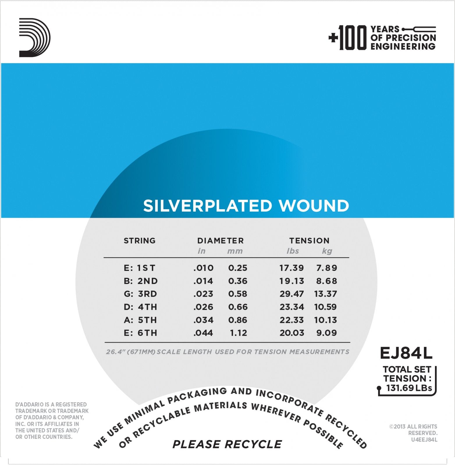 A chart shows string diameters and tensions for D'Addario EJ84L Gypsy Jazz Acoustic Guitar Strings Loop End Light, with silverplated wound construction. Six strings are listed by diameter (in/mm) and tension (lbs/kg). Please recycle at the bottom.