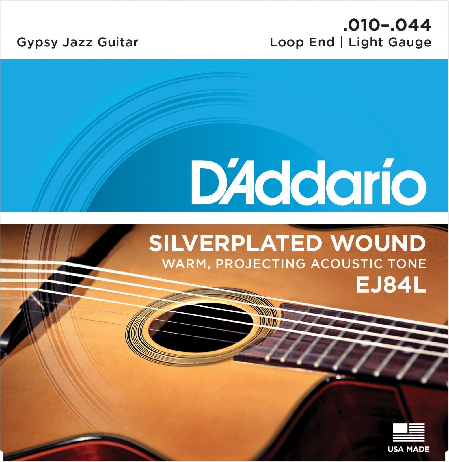 D'Addario EJ84L Gypsy Jazz Acoustic Guitar Strings Loop End Light feature blue, brown, and white packaging with a guitar image—perfect Django-style strings for authentic Gypsy Jazz tones.