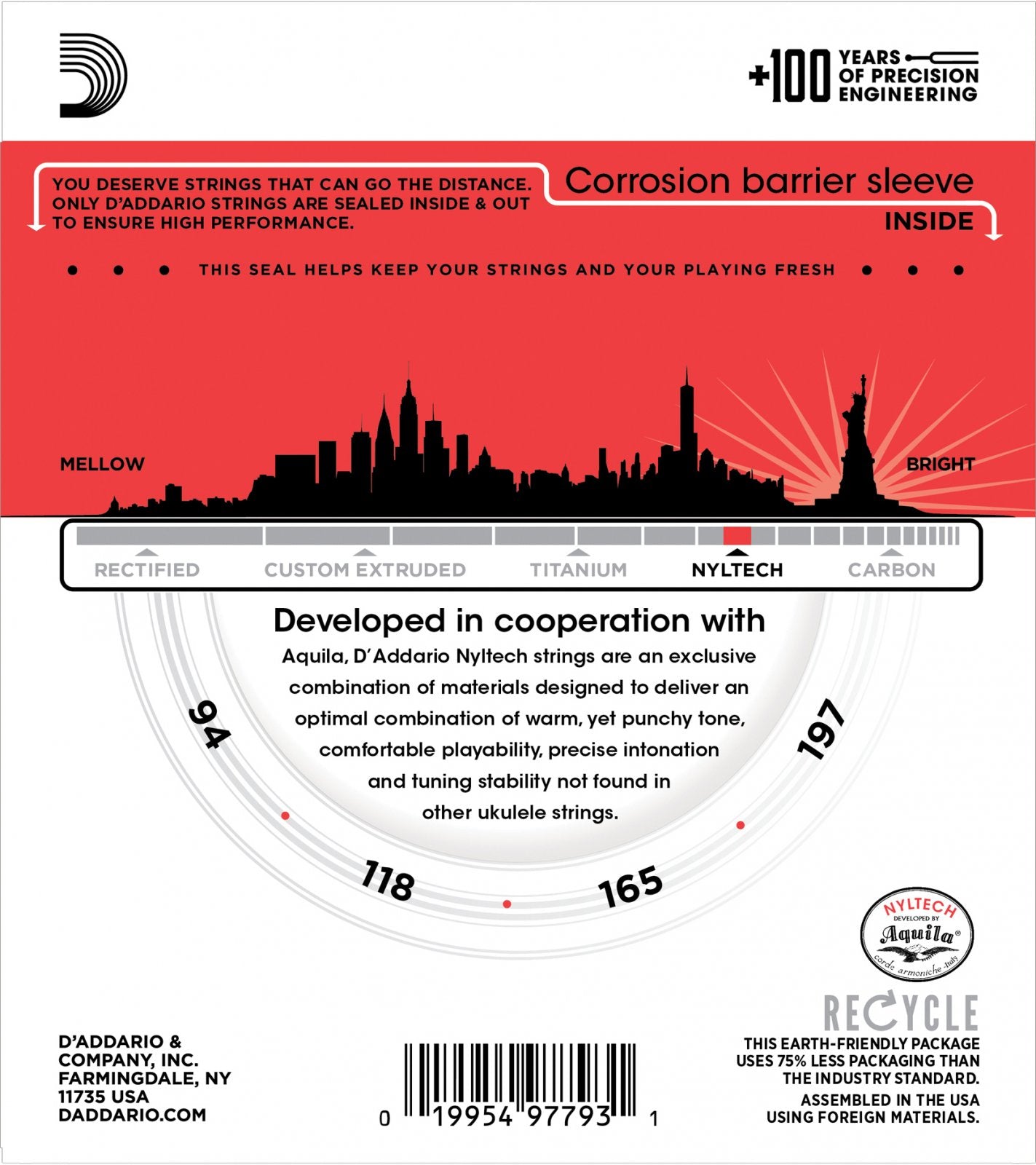 The D'Addario EJ88UB Nyltech Ukulele Strings (Bass) packaging features a corrosion barrier sleeve, Nyltech string materials, a mellow-to-bright tone chart, recycling instructions, and detailed product information.