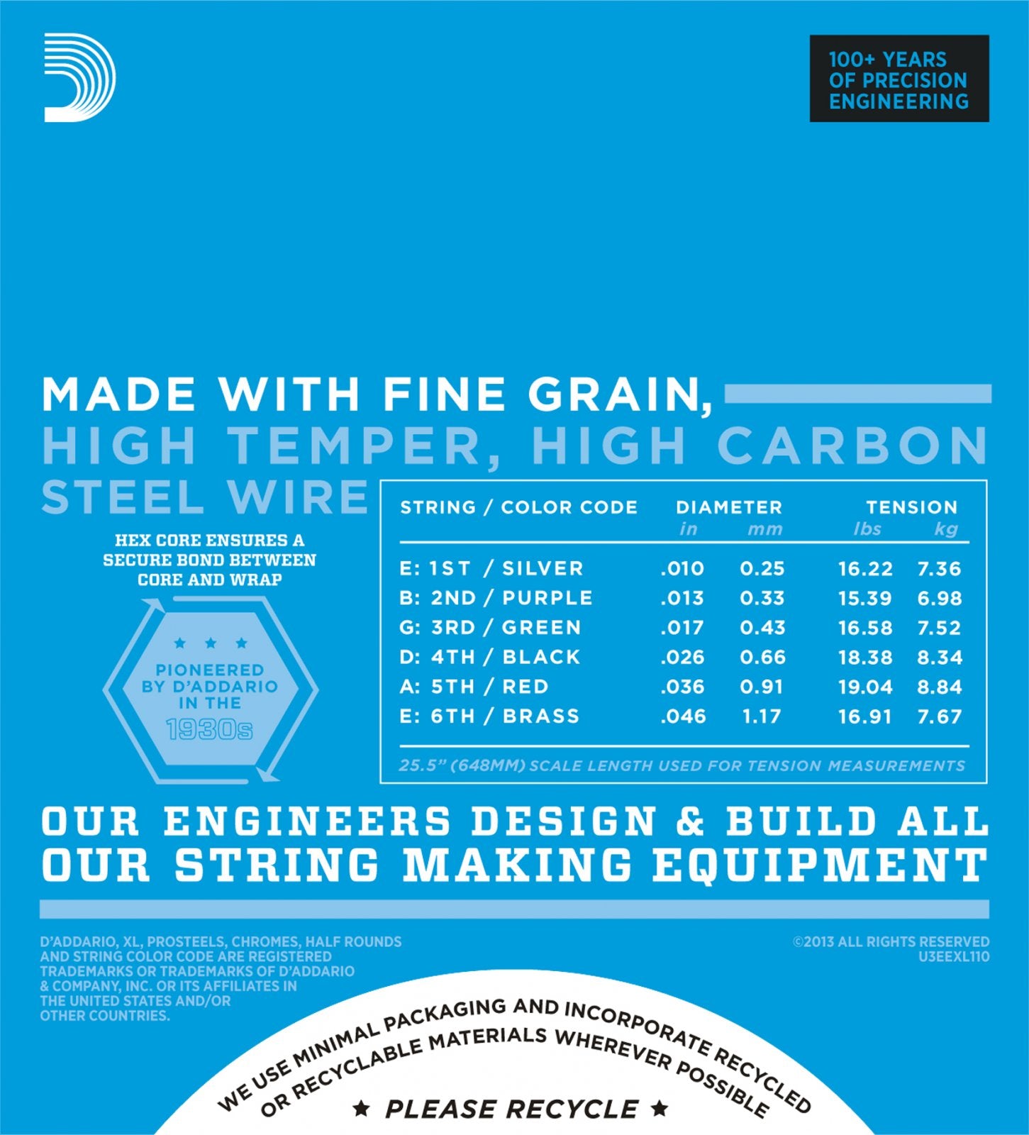 A chart displays D'Addario EXL110 Nickel Wound Electric Guitar String gauges by color code, diameter, and tension. Blue and silver accents highlight nickel wound design, high-tensile steel, recycling efforts, and precision engineering.