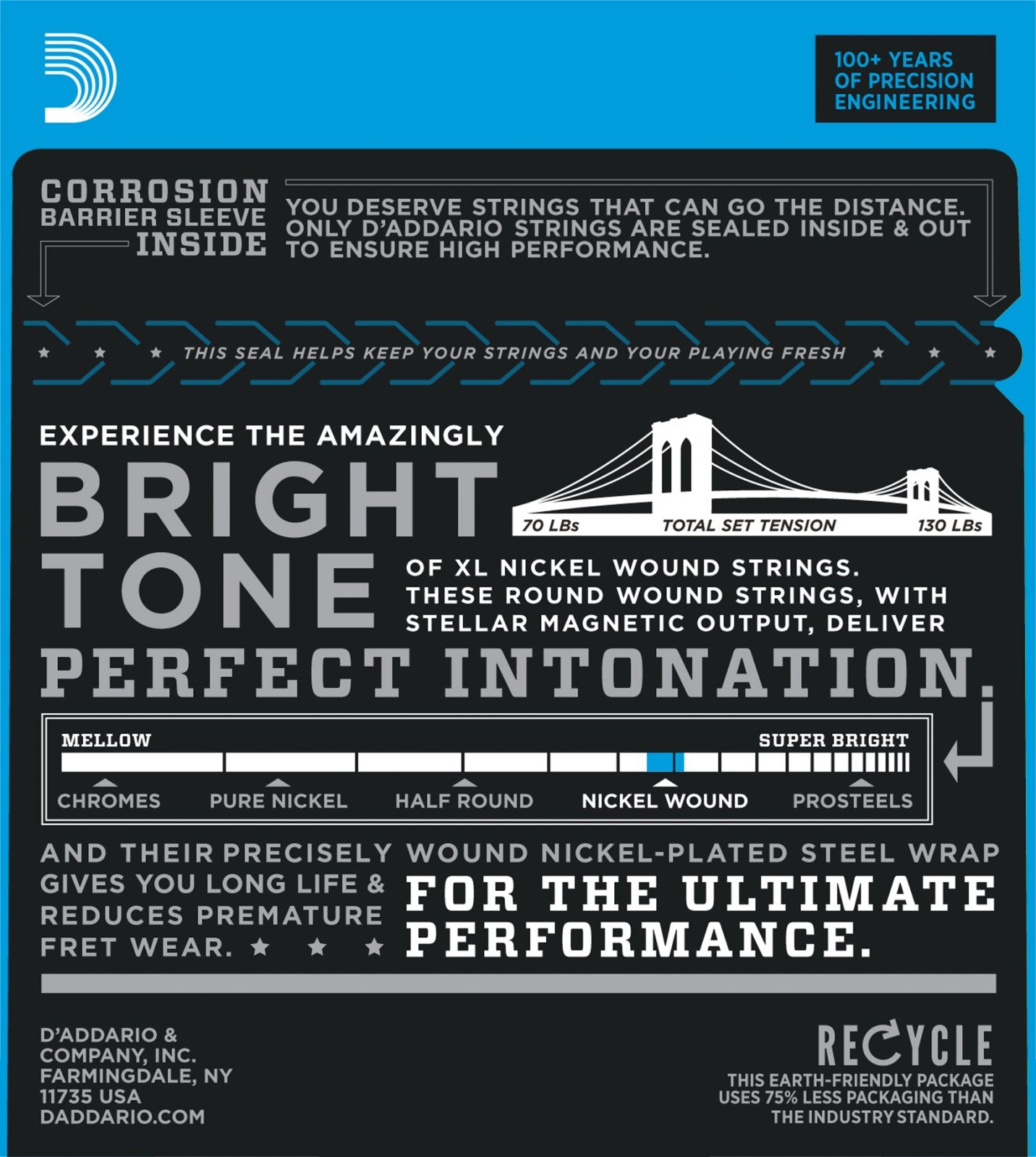 Infographic for D’Addario EXL115 Nickel Wound Electric Guitar Strings Medium 11-49 showcases corrosion-resistant packaging, bright tone, perfect intonation, tension range, and recycling info, with bold blue, white, and gray icons.