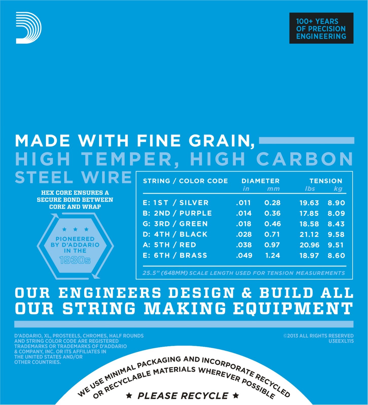 An infographic for D'Addario EXL115 Nickel Wound Electric Guitar Strings (Medium 11-49) showcases fine-grain high-carbon wire, string gauge tension chart, and icons for quality, heritage, and recyclability in blue, white, and yellow.