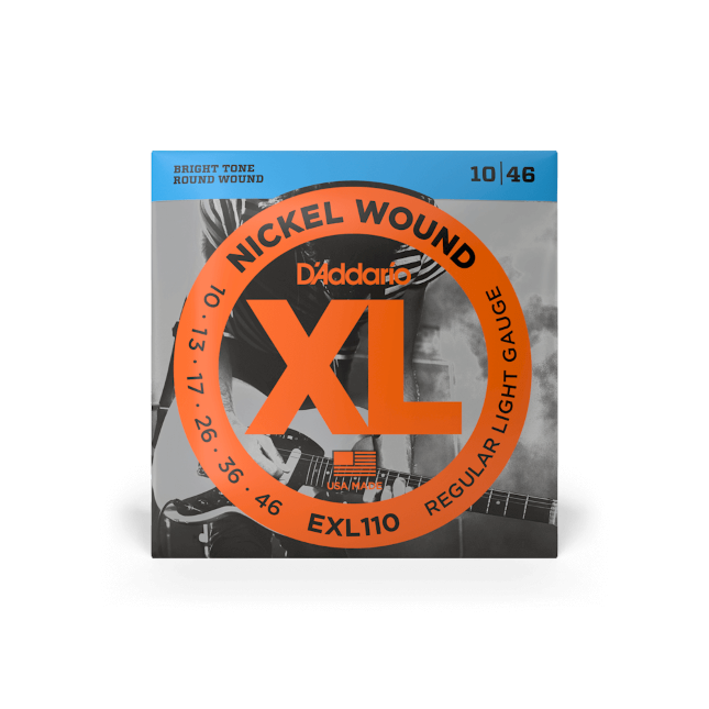A pack of D'Addario EXL110-3D Nickel Wound Electric Guitar Strings, Regular Light 10-46, with an orange circle and a black-and-white guitarist image on the front.