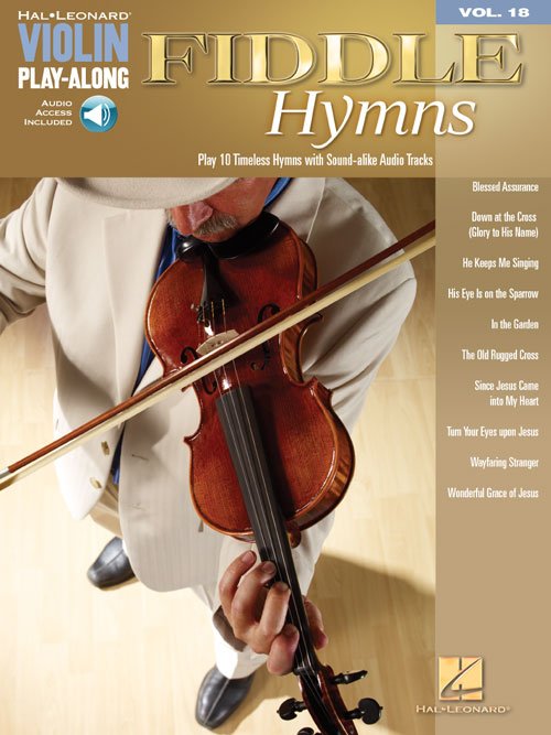 The cover for Fiddle Hymns (HL00842499) by Hal Leonard Corp. shows a person in a light suit and hat playing violin, with sheet music for 10 hymns listed beside them and the Hal Leonard logo at the bottom.