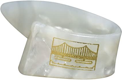 The Golden Gate GP-6 Pearl Thumb Pick - LARGE features a white, iridescent finish with a gold bridge illustration, a smooth curved design, and glossy surface. Brand: Golden Gate.