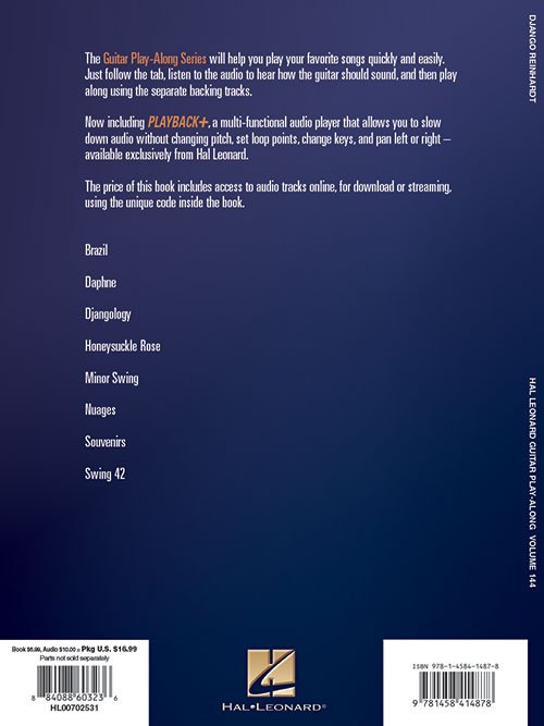 The back cover of The Hal Leonard Guitar Play-Along (HL00702531) by Hal Leonard Corp. features a list of included songs with TAB, playback feature details, publisher info, barcode, and brand logo on a bold purple background.