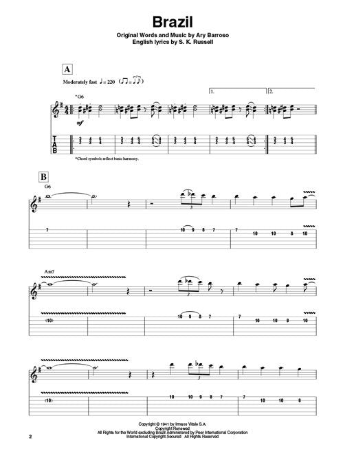 The Hal Leonard Guitar Play-Along (HL00702531) by Hal Leonard Corp. features Brazil with English lyrics, musical notation, Guitar TAB, chords, tempo marking, and lyrics—ideal for fans of Django Reinhardt’s guitar style.