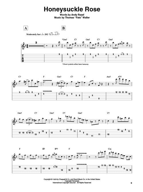The Hal Leonard Guitar Play-Along (HL00702531) by Hal Leonard Corp. features Honeysuckle Rose in the style of Django Reinhardt, with sheet music, guitar TAB, chords, and play-along sections A & B for easy melody and chord learning.