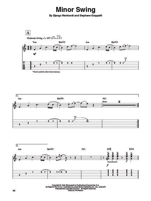 The Hal Leonard Guitar Play-Along (HL00702531) by Hal Leonard Corp. features sheet music for Minor Swing in A minor, with TAB, standard notation, chord diagrams, and moderate swing tempo instructions.