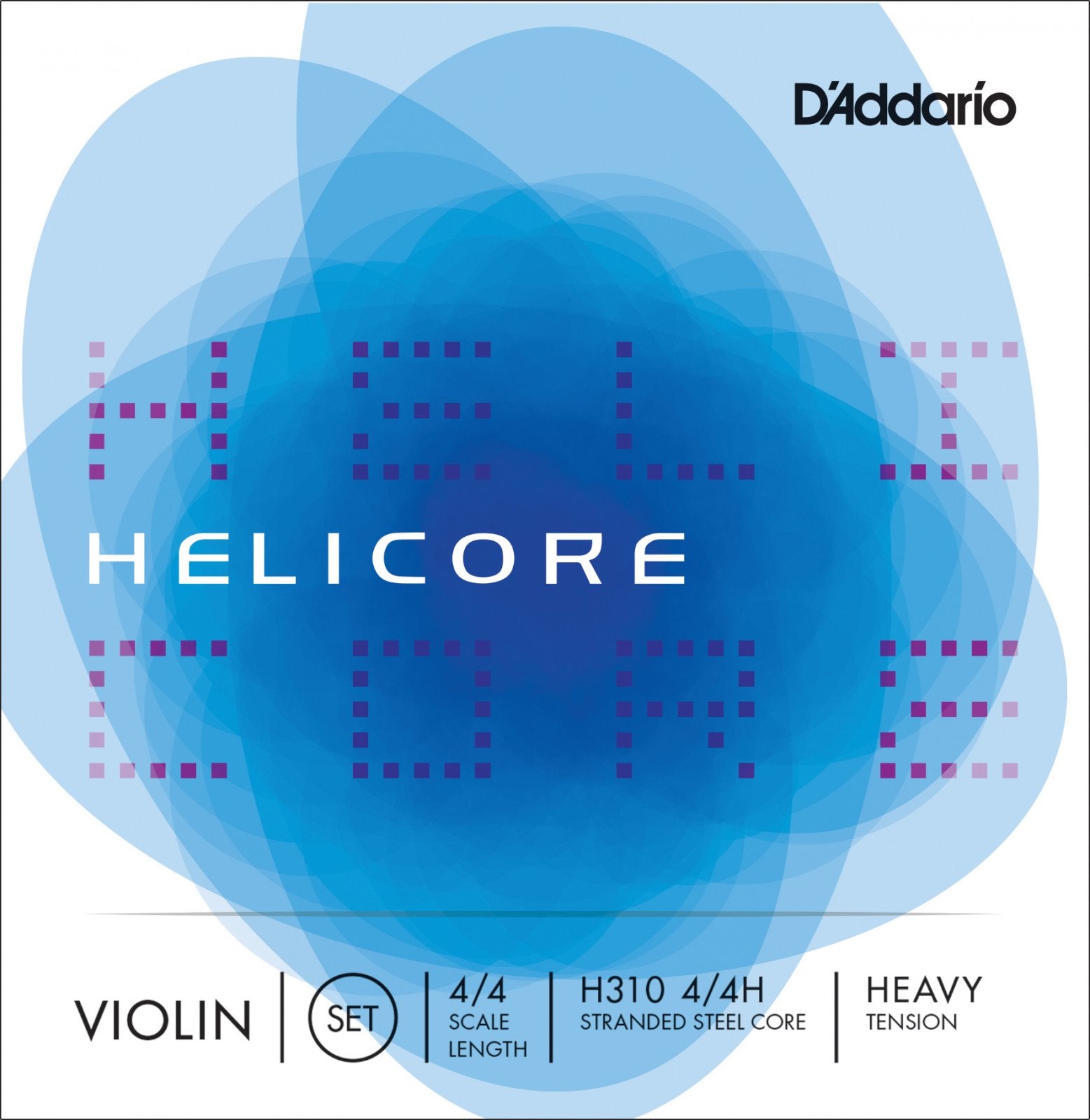 D’Addario H310 4/4H Helicore Violin String Set features square packaging with layered blue shapes. “HELICORE” appears in bold white, highlighting 4/4 scale, stranded steel core, and heavy tension for powerful performance.