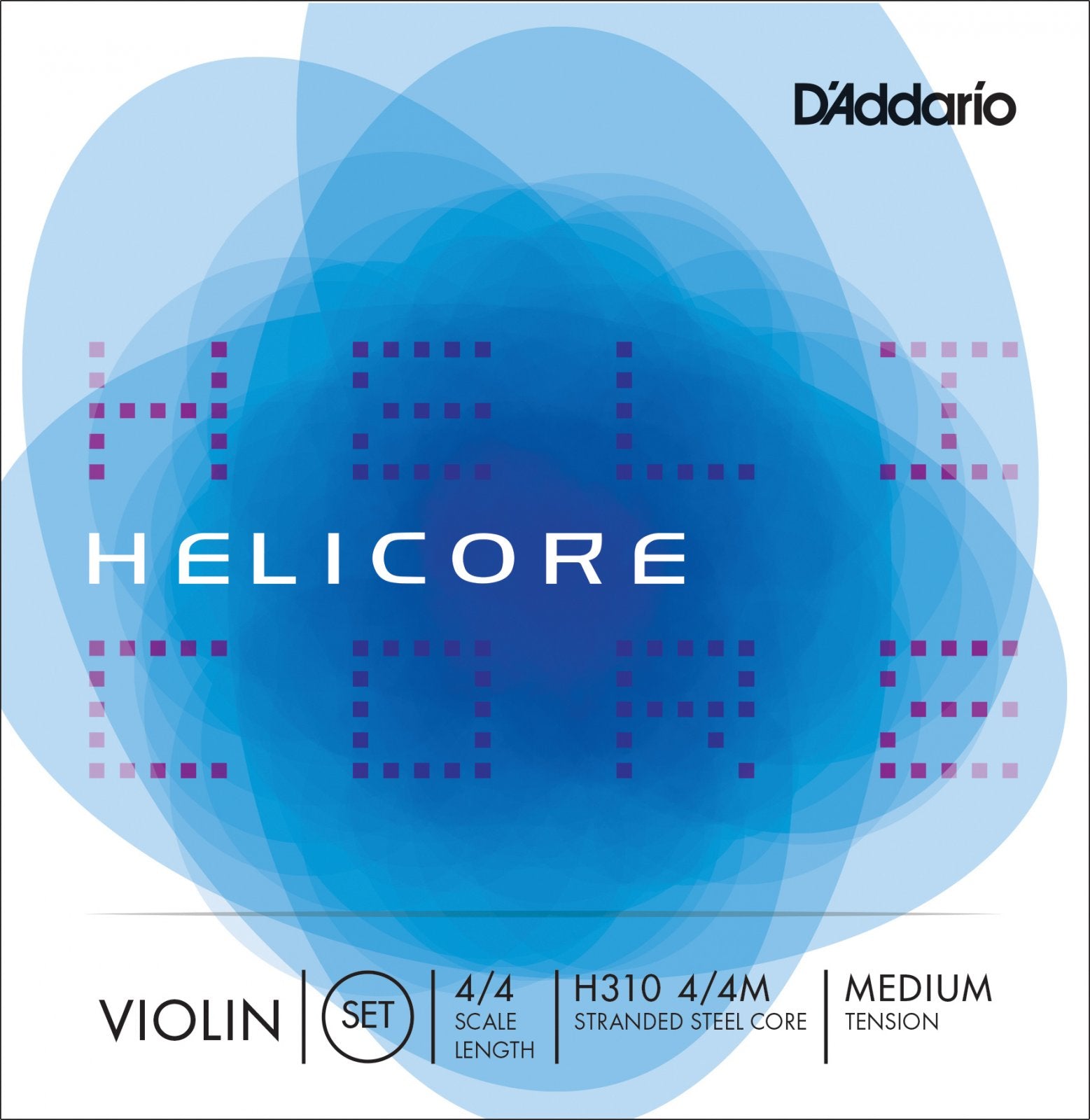 The DAddario H310 4/4M Helicore Violin String Set features blue abstract packaging with Helicore in white, and offers 4/4 scale, stranded steel core, and medium tension for versatile performance.