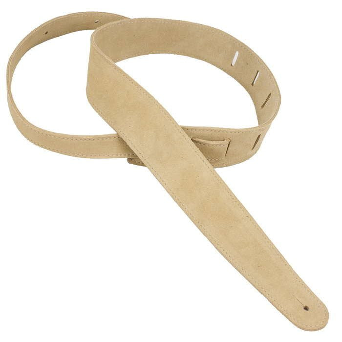 The Henry Heller OMG Music 2.5" Basic Suede Guitar Strap (HBS25-HNY) in tan offers adjustable holes for a perfect fit, making it an essential accessory for any guitarist. Shown coiled on a white background.