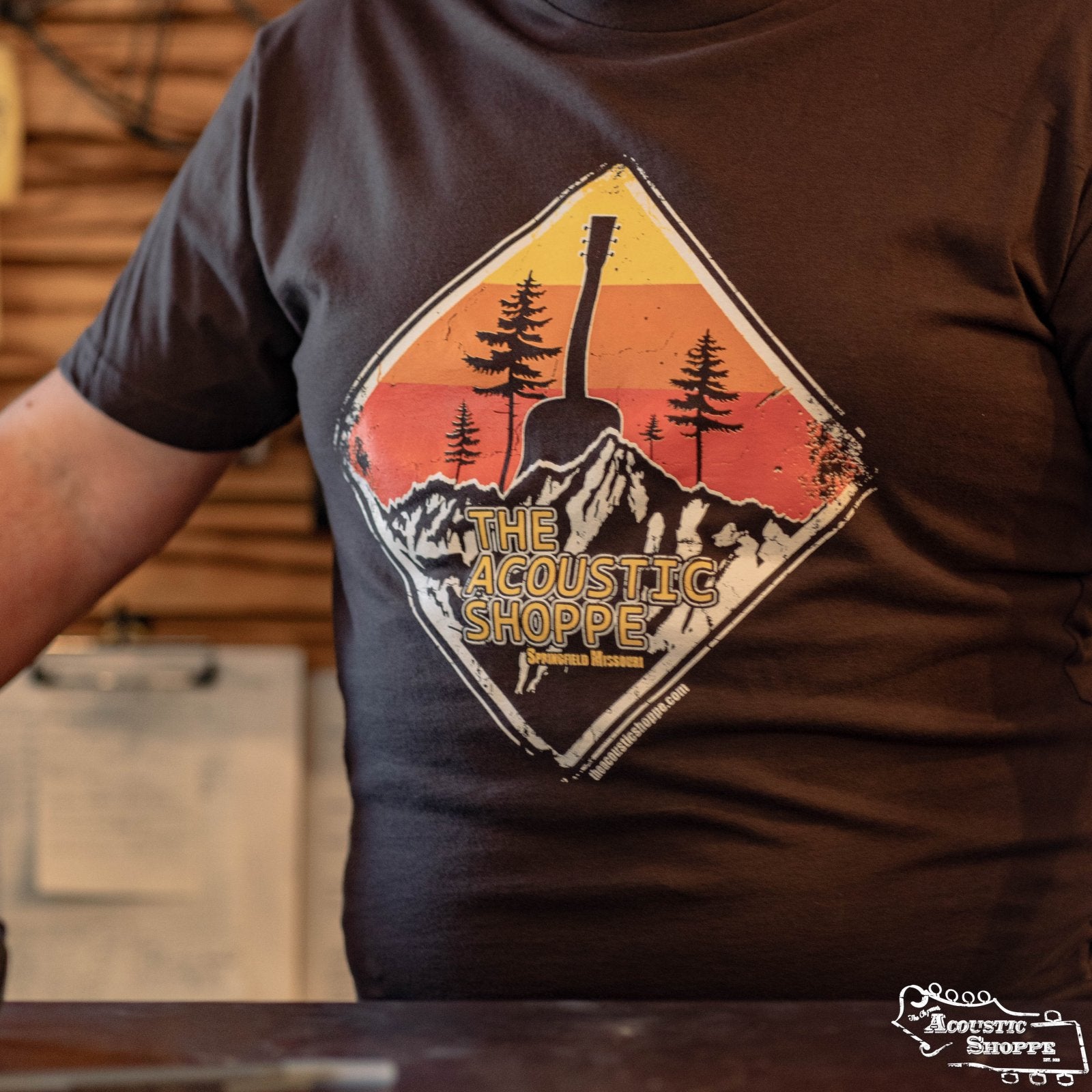 The Acoustic Shoppe "Mountain Guitar" design T-Shirt (Brown)