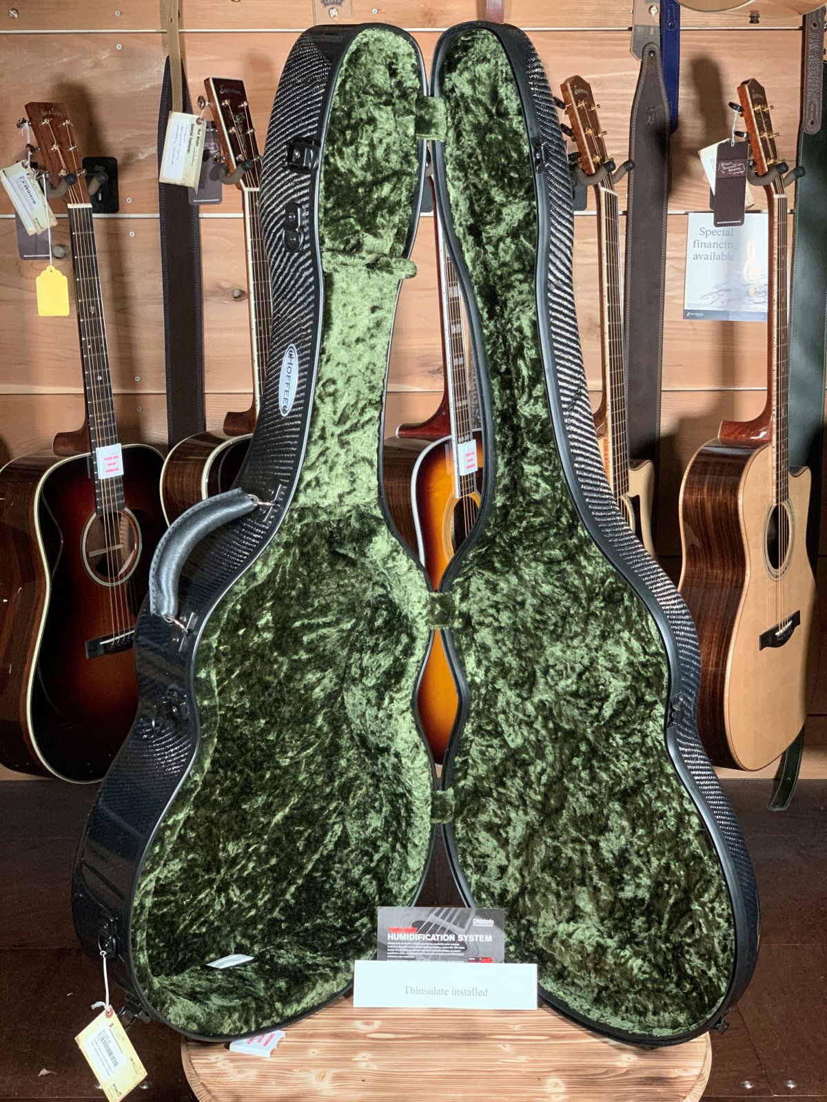 Hoffee Deluxe Acoustic Carbon Fiber Guitar Case (Dreadnought) with Thinsulate Black / Green Interior