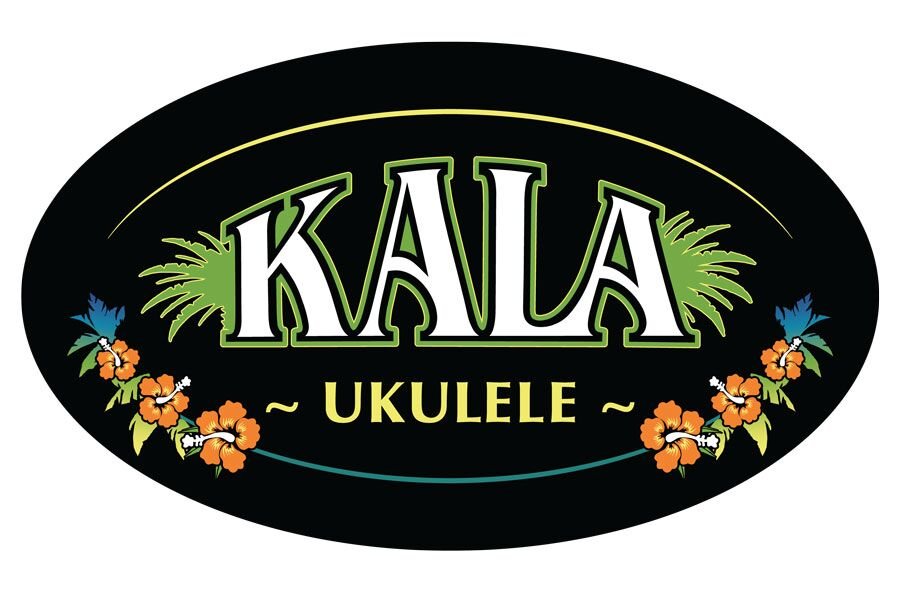 An oval logo shows KALA in bold green above UKULELE, decorated with palm leaves and orange hibiscus on black—reflecting the precise fret intonation valued by Aquila Nylgut (7U) Concert Ukulele Strings players. Brand: Aquila.