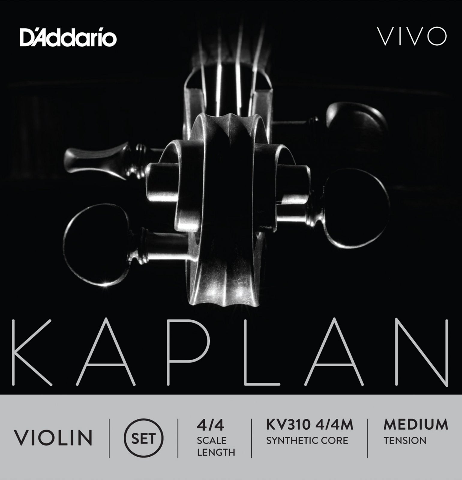 Close-up, black and white photo of a violin scroll and pegs, viewed from above. Text features “D’Addario KV310 4/4M Kaplan Vivo Violin String Set 4/4 Scale Medium Tension.”.