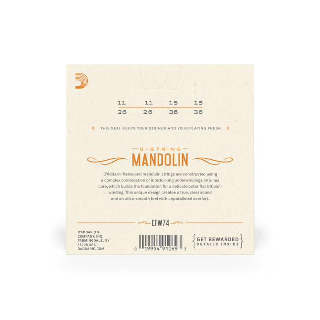 Back of a DAddario EFW74 Flatwound Mandolin Strings package (Phosphor Bronze, Medium, 11-36) shows gauges and product details highlighting an ultra-smooth feel—ideal for jazz mandolin players.
