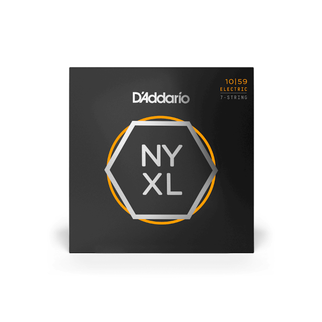 The D’Addario NYXL1059 Regular Light 7-String Electric Guitar Strings (10-59) deliver premium uncoated electric performance for serious players, featuring a sleek black design with hexagonal logo and orange accents.