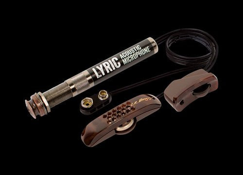 The L.R. Baggs Lyric Acoustic Guitar Microphone kit by L.R. Baggs, featuring a metal jack, wiring, endpin preamp, and two brown pickup components, is displayed on a black background.
