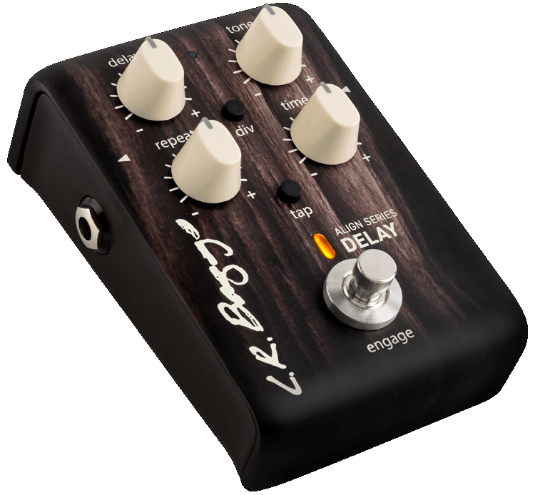 The L.R. Baggs Align Delay is a black acoustic pedal with white knobs for delay, tone, repeat/div, and time, plus a tap tempo engage footswitch and an orange LED indicator, designed for high-fidelity instruments.