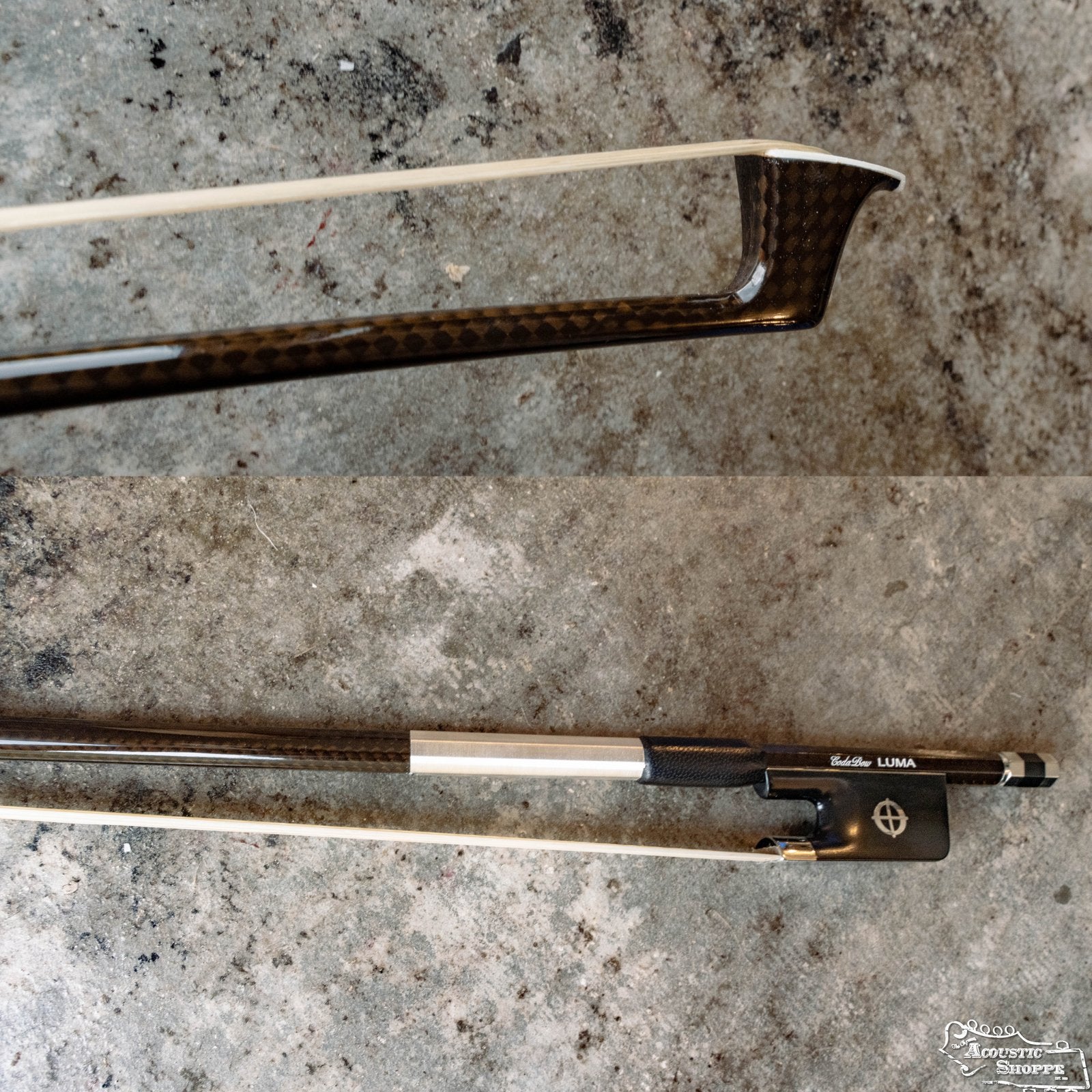 Close-up photos show a CodaBow Luma Bow 4/4 Violin Bow by Coda Bow, featuring a light carbon fiber build with a black and silver pattern. The “LUMA” logo appears on the frog, resting on a textured, stone-like surface.
