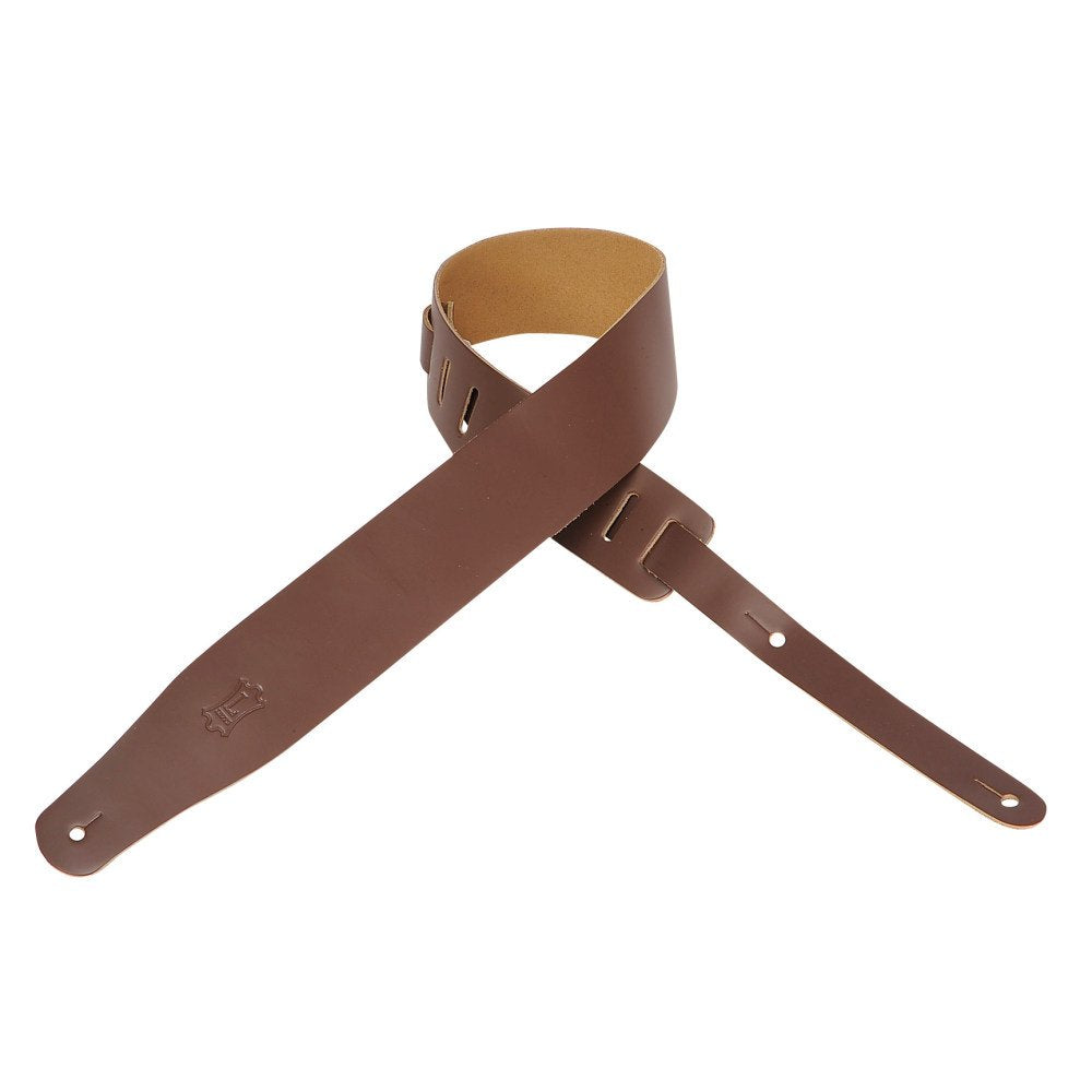 The Levys Leather M26-BRN Genuine Leather Guitar Strap features adjustable holes on both ends and a smooth, simple finish, shown against a white background.