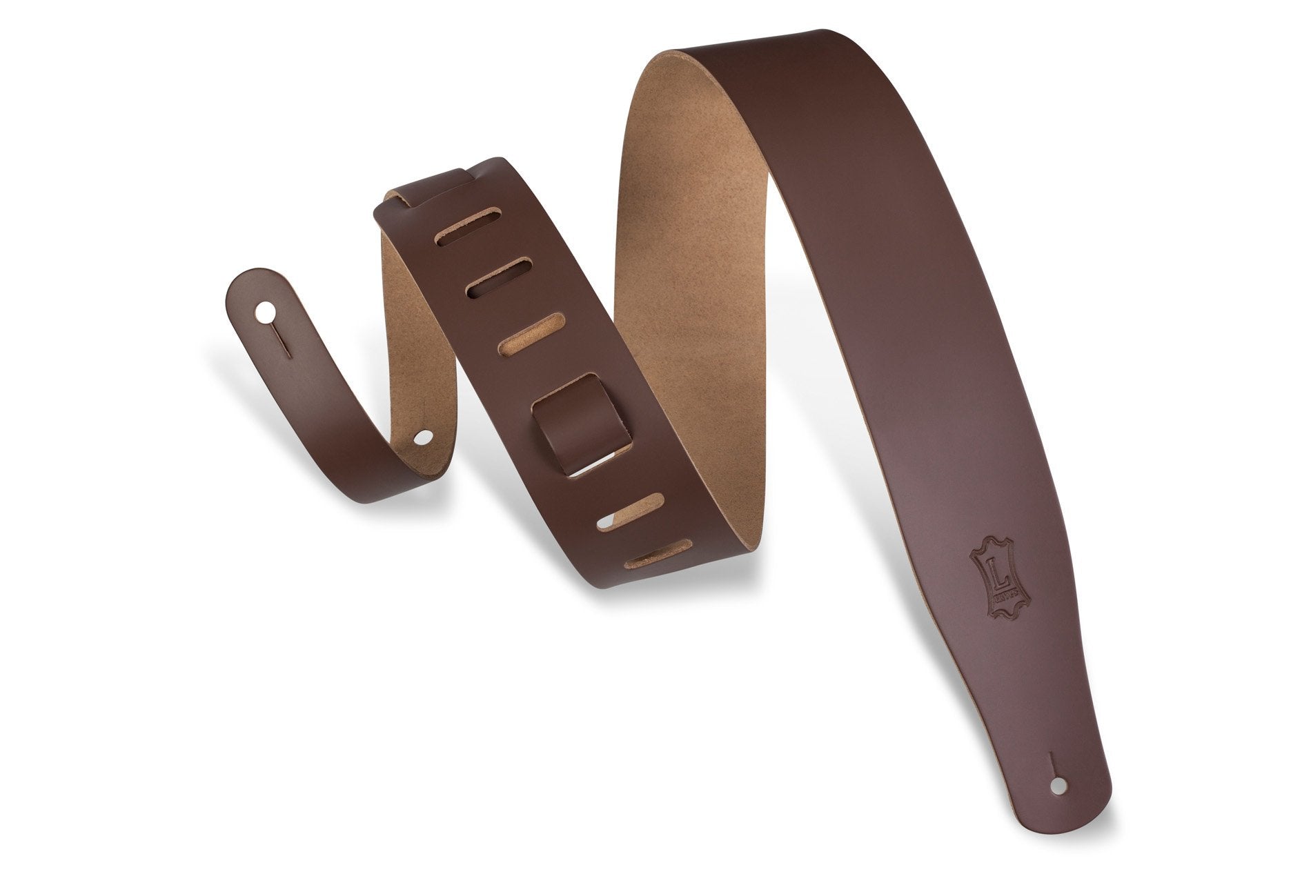 Levys Genuine Leather Guitar Strap M26-BRN by Levys Leather features adjustable slots and a stamped logo, shown handcrafted against a white background.