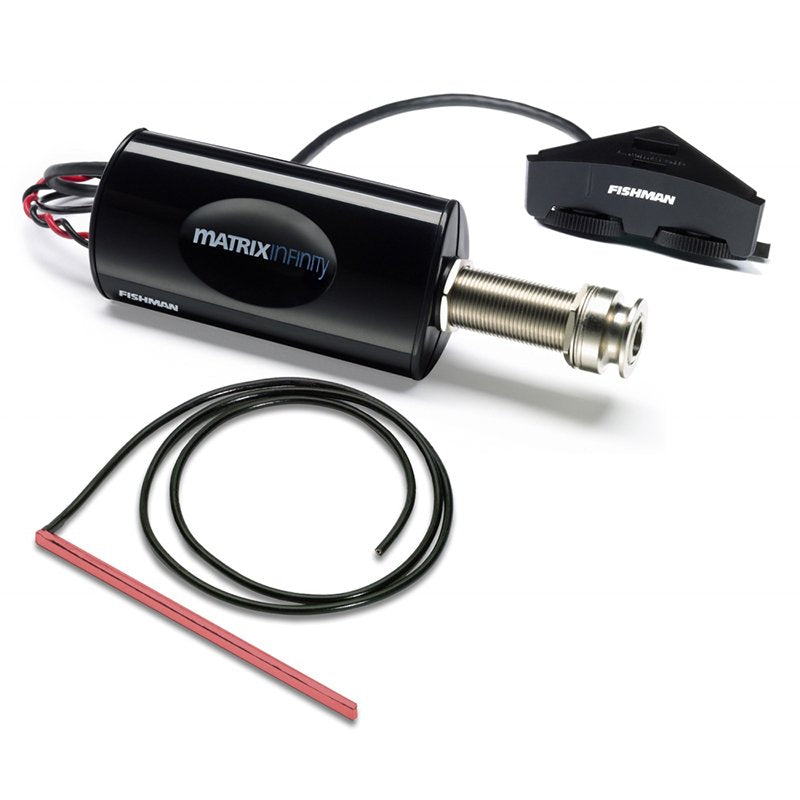 The Fishman Matrix Infinity (PRO-MAN-INF) by Fishman is an acoustic guitar pickup system with a black preamp, control module, cable, and a thin red undersaddle pickup strip.