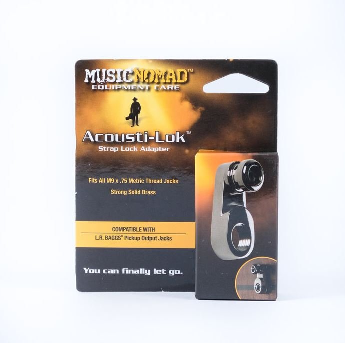 Music Nomad’s Acousti-Lok Strap Lock Adapter (MN271) comes in black and orange retail packaging, displays the product, and highlights compatibility with L.R. Baggs pickup output jacks, metric thread jacks, and acoustic guitar strap lock systems.