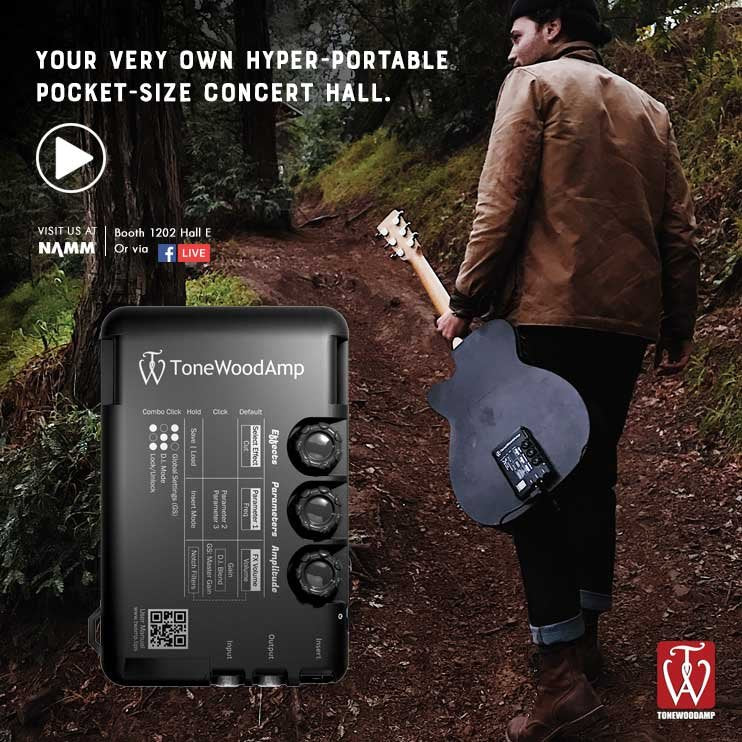 A person carrying a guitar walks through a forest. Inset shows a close-up of the ToneWood Amp Solo by HONZ Technologies. Text reads: Your personal hyper-portable pocket-size concert hall. ToneWood Amp Solo.
