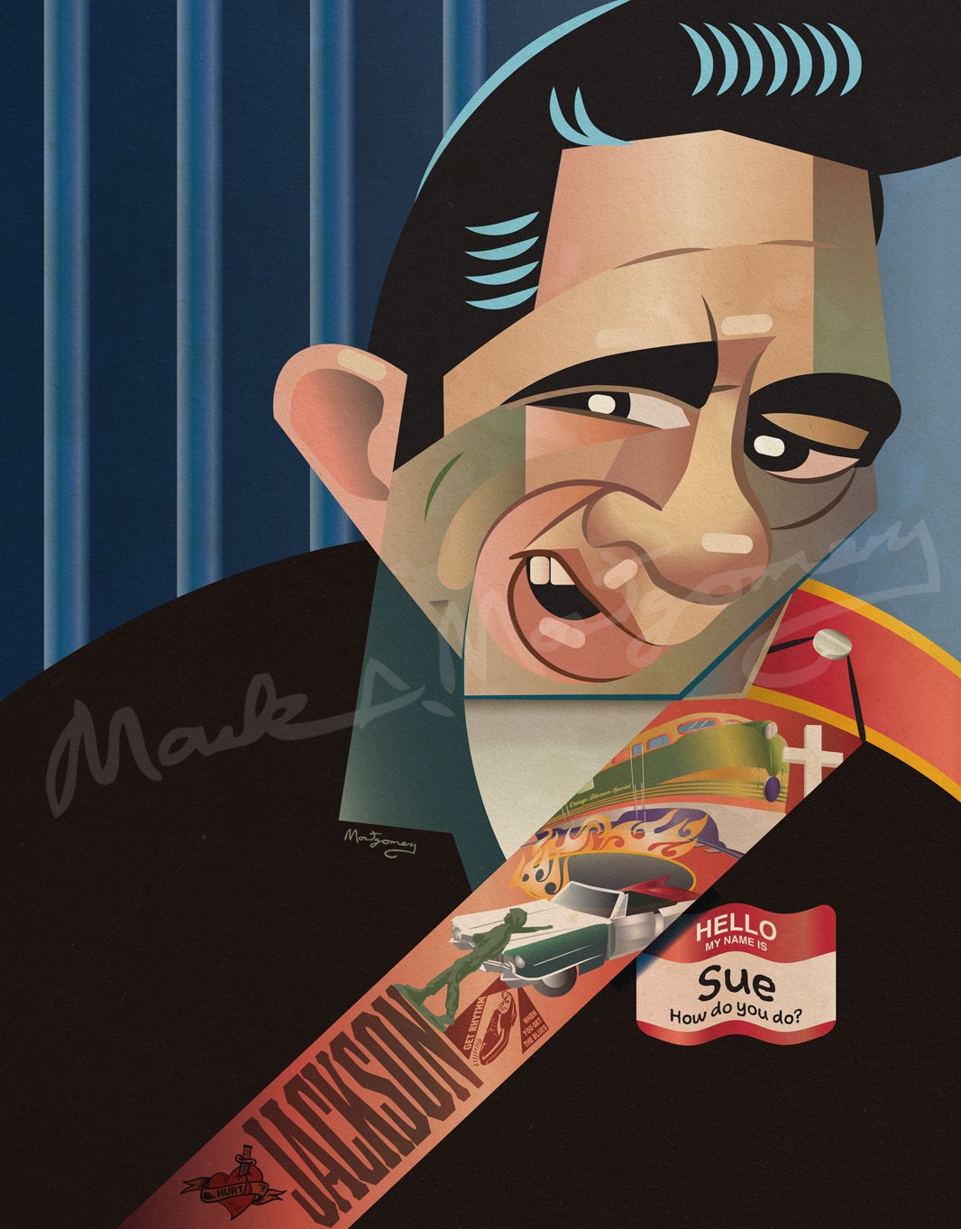 A stylized Johnny Cash 11x14 fine art print by Mark A Montgomery features his pompadour, black jacket, JACKSON guitar strap, and a name tag reading Hello my name is Sue, How do you do? Limited edition.