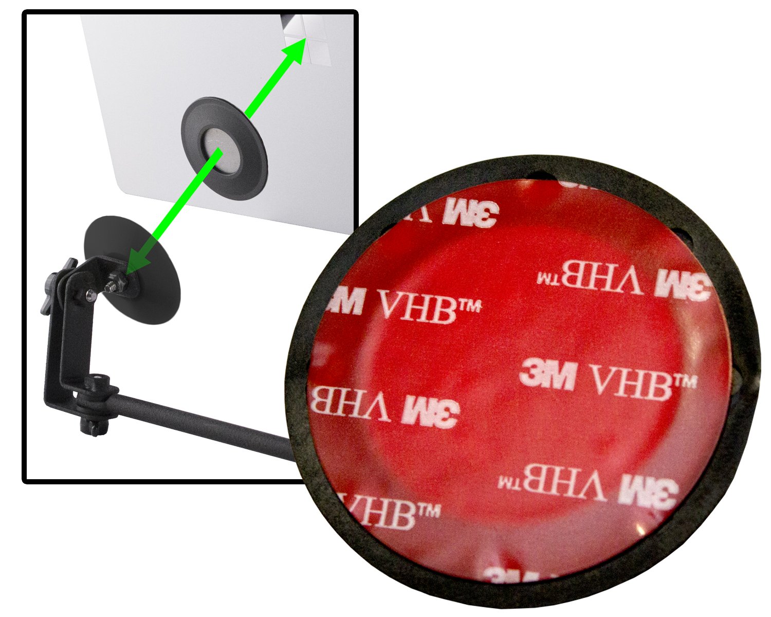 Close-up of a circular 3M VHB pad on the String Swing Mic / Music Stand Magnetic Tablet Holder (MSTH) arm, with an inset showing it attached to a device. Green arrows show how the mount connects to your tablet.
