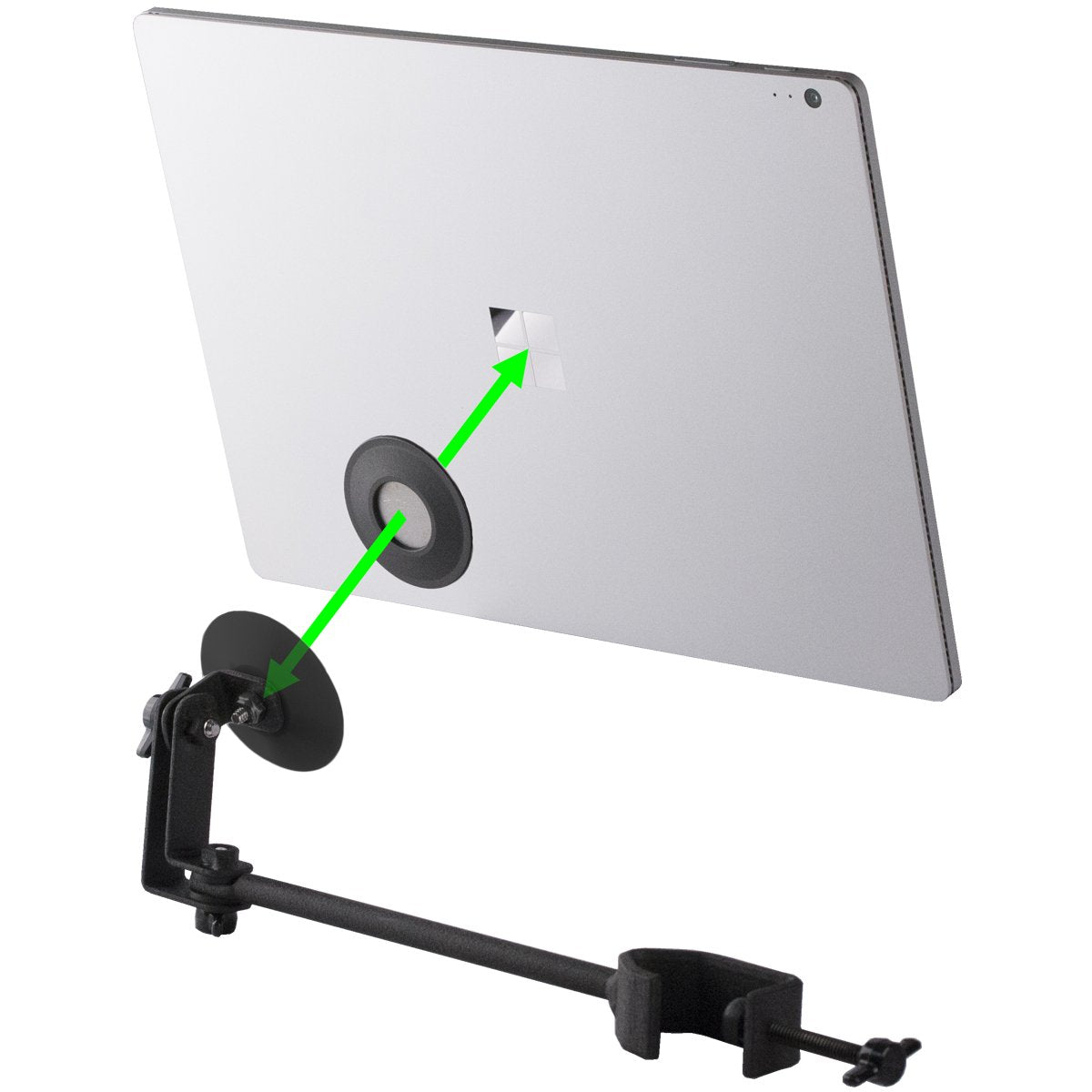 The String Swing Mic / Music Stand Magnetic Tablet Holder (MSTH) features a metal mounting arm with a clamp for secure flat-surface attachment and a circular magnetic holder for your tablet—perfect for musicians needing easy access on stage.