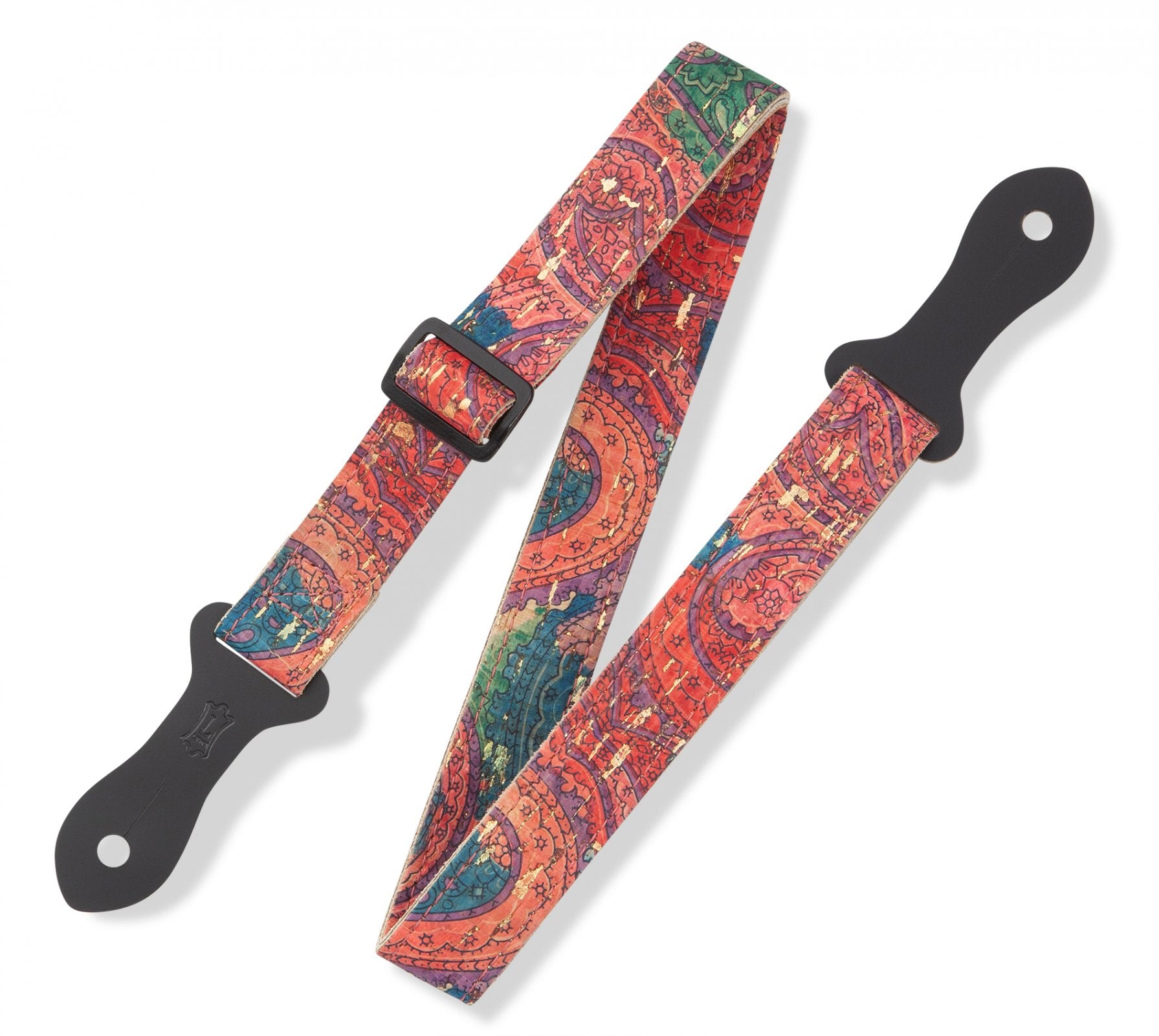 Levys Leather MX23ALL-004 Multi-Use Strap features vibrant red, orange, blue, and green patterns with black leather ends—perfect for mandolin, ukulele, or youth guitar—displayed flat on a white background.