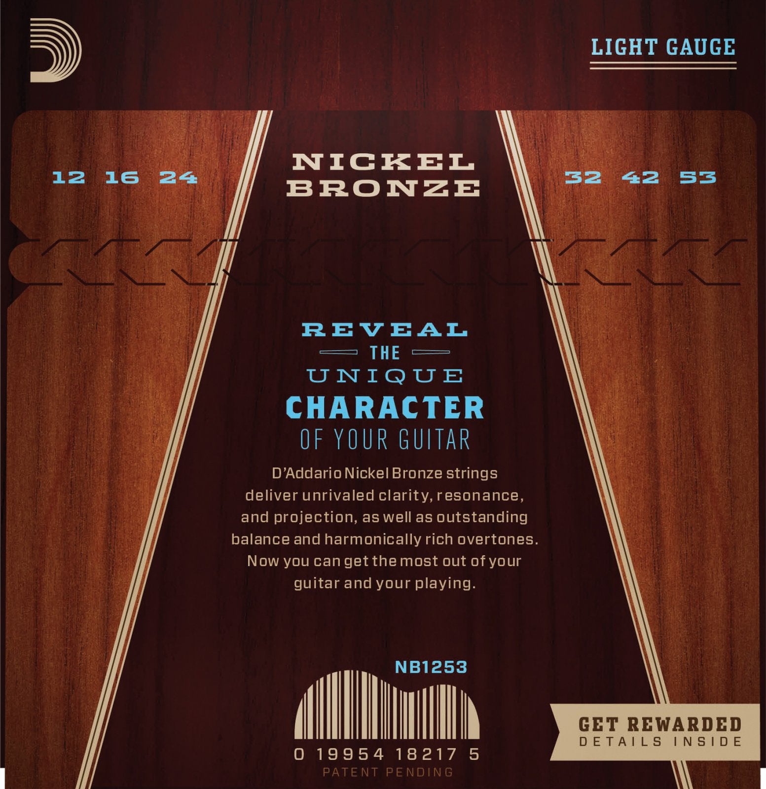 D'Addario NB1253 Nickel Bronze Acoustic Guitar Strings, Light, 12-53