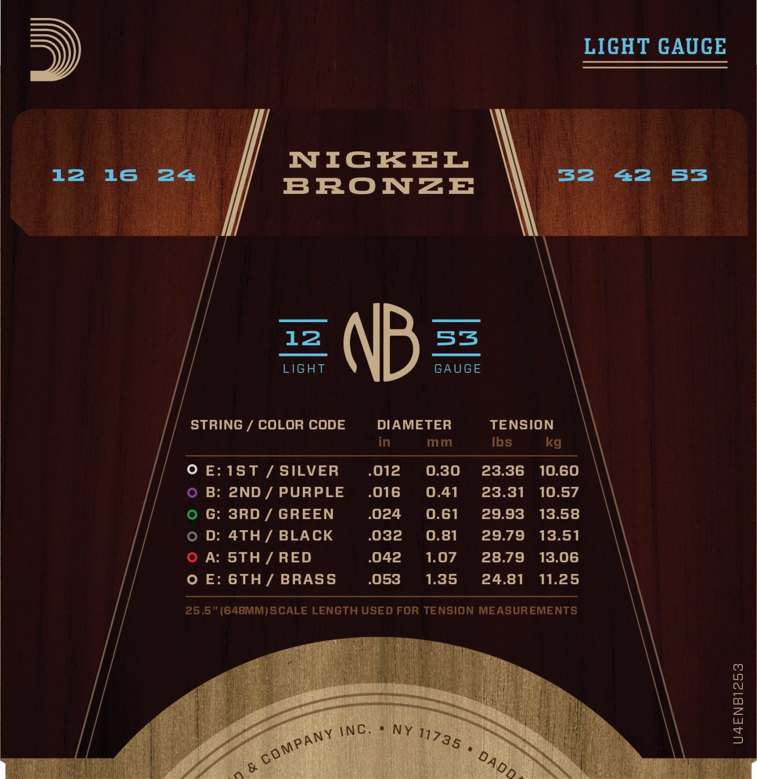 D'Addario NB1253 Nickel Bronze Acoustic Guitar Strings, Light, 12-53