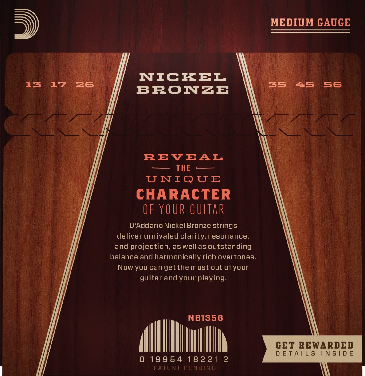 Front view of D'Addario NB1356 Nickel Bronze Acoustic Guitar Strings (Medium, 13-56) packaging by D'Addario, showing a brown wood-grain design, gold and white text, gauge numbers, and a "Get Rewarded" section at the bottom right.