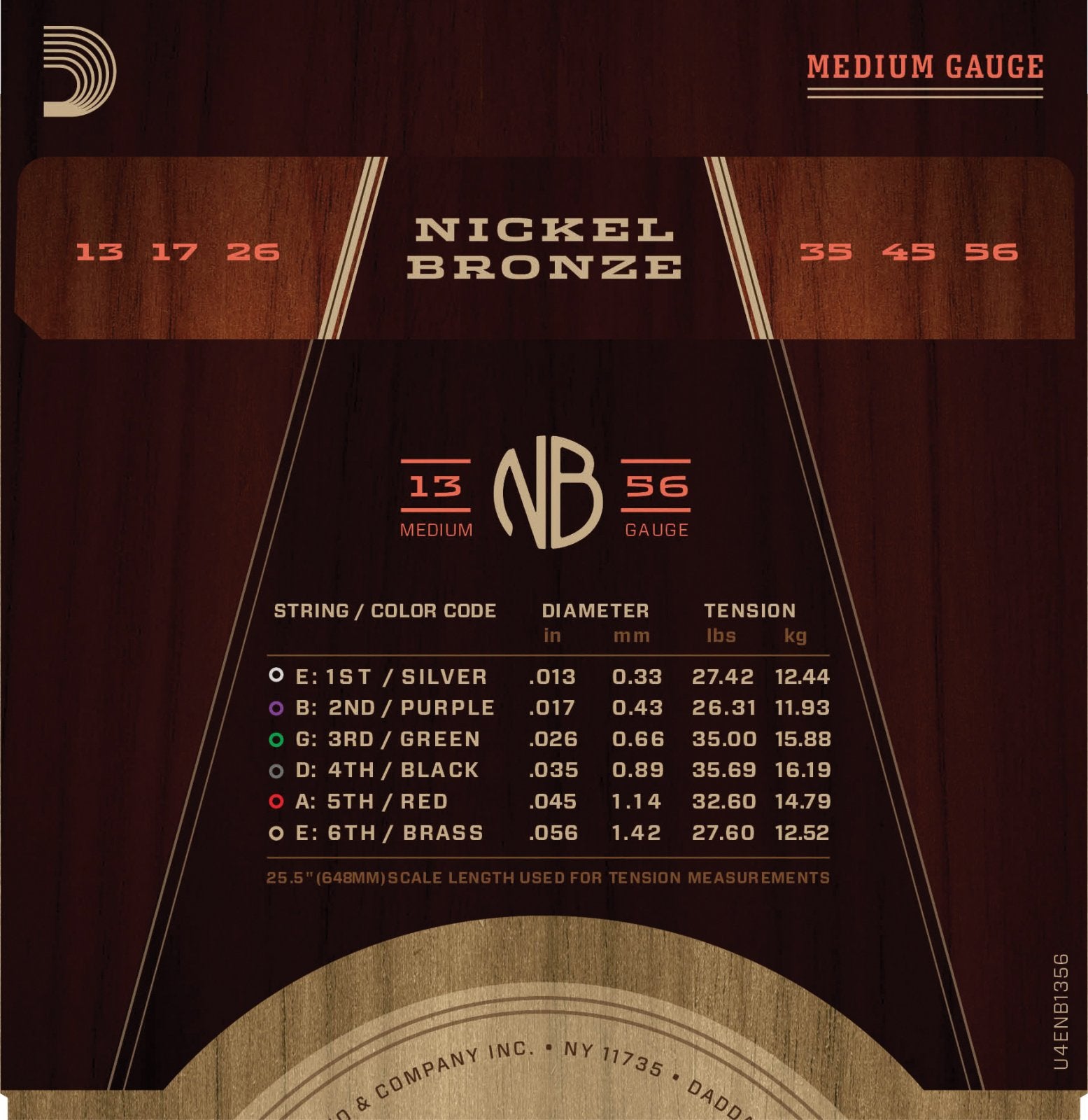 Infographic for D'Addario NB1356 Nickel Bronze Acoustic Guitar Strings, Medium (13-56), shows gauges (.013–.056), color codes, diameters, and tensions on a brown wood-textured background with yellow, red, and white text.